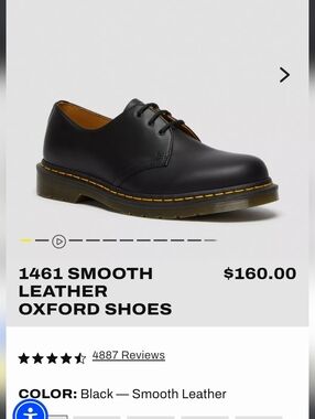 NWB Dr. Martens 1461 Black Smooth Leather 3-Eye Derby with Yellow Stitching
